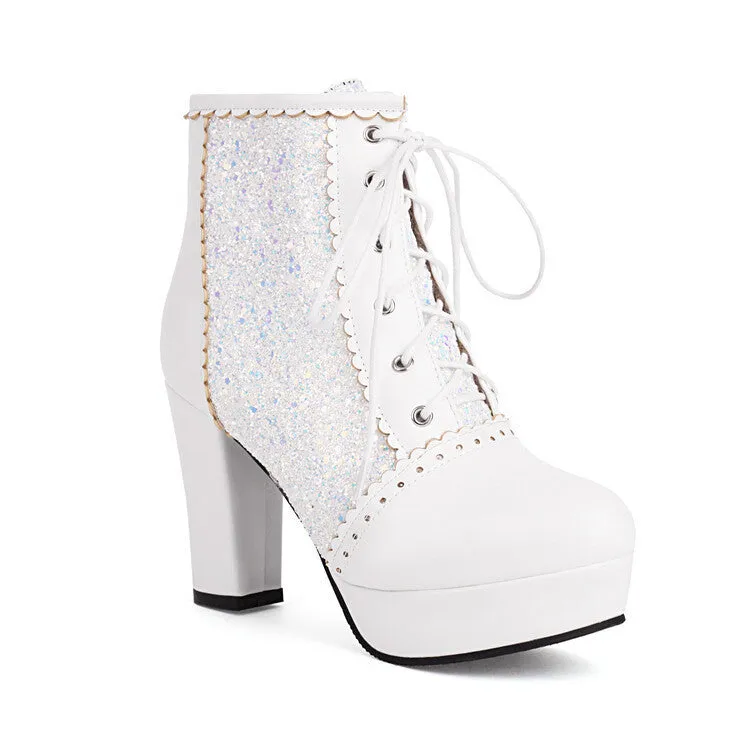 Autumn Winter Lace-Up Sequin Boots – Thick Heel Fashion