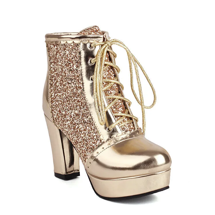 Autumn Winter Lace-Up Sequin Boots – Thick Heel Fashion