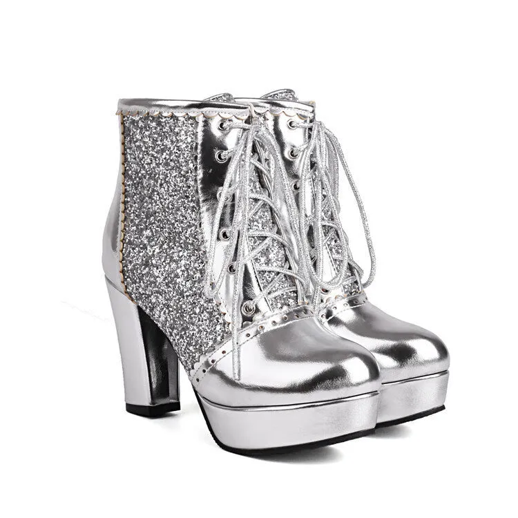 Autumn Winter Lace-Up Sequin Boots – Thick Heel Fashion