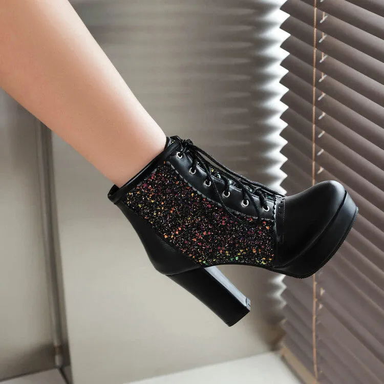 Autumn Winter Lace-Up Sequin Boots – Thick Heel Fashion