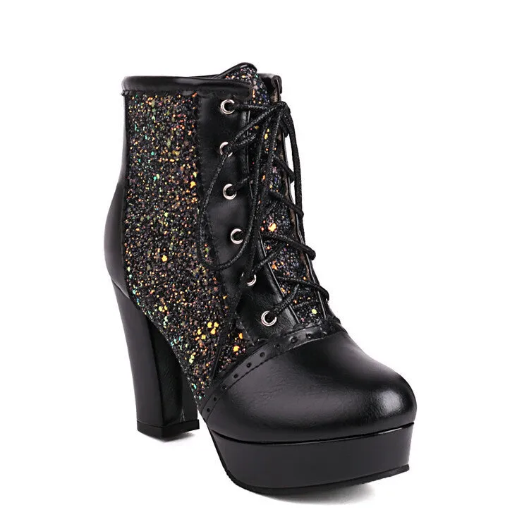 Autumn Winter Lace-Up Sequin Boots – Thick Heel Fashion