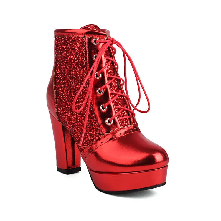 Autumn Winter Lace-Up Sequin Boots – Thick Heel Fashion