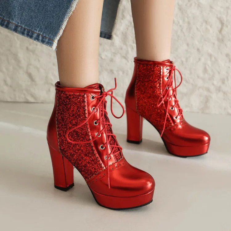 Autumn Winter Lace-Up Sequin Boots – Thick Heel Fashion