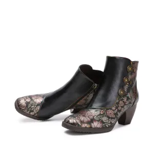 CrazycatZ Womens Leather Ankle  Boots Colorful Leather Buttoned Vintage Boots Block Heels Black Floral