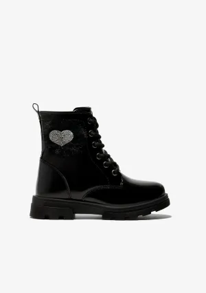 Girl's Black Pompon Cord Ankle Boots