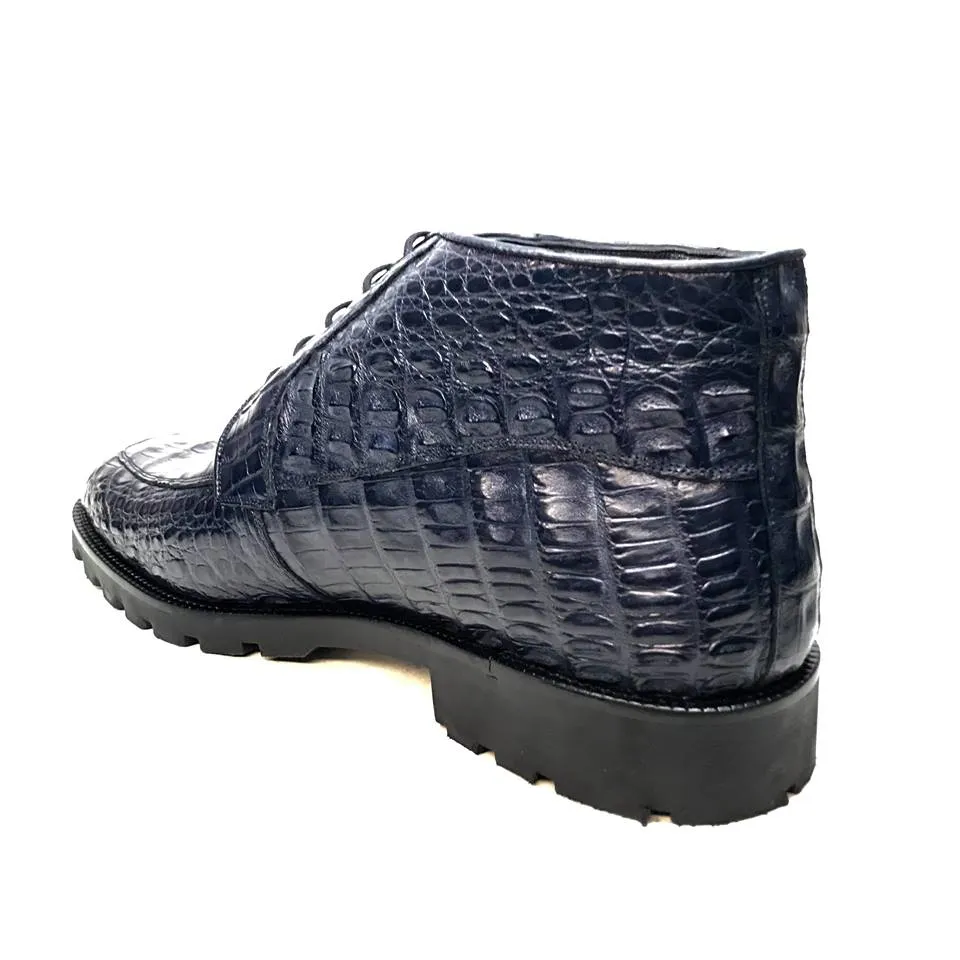 Los Altos Navy Blue All-Over Crocodile Belly Lace Up Ankle Boots