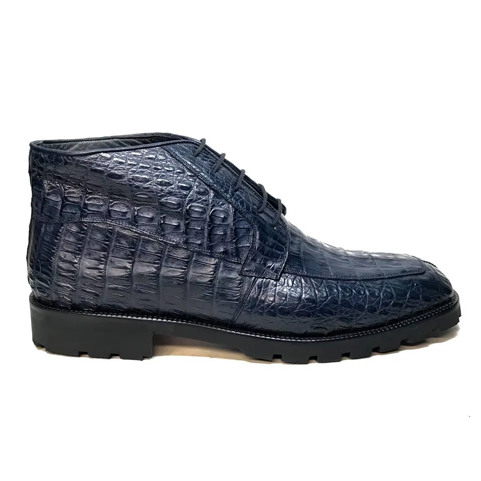 Los Altos Navy Blue All-Over Crocodile Belly Lace Up Ankle Boots