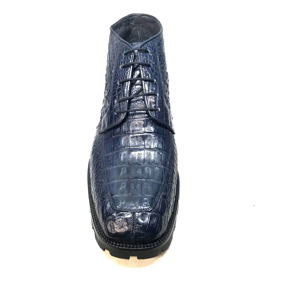 Los Altos Navy Blue All-Over Crocodile Belly Lace Up Ankle Boots