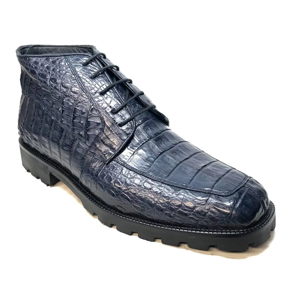 Los Altos Navy Blue All-Over Crocodile Belly Lace Up Ankle Boots
