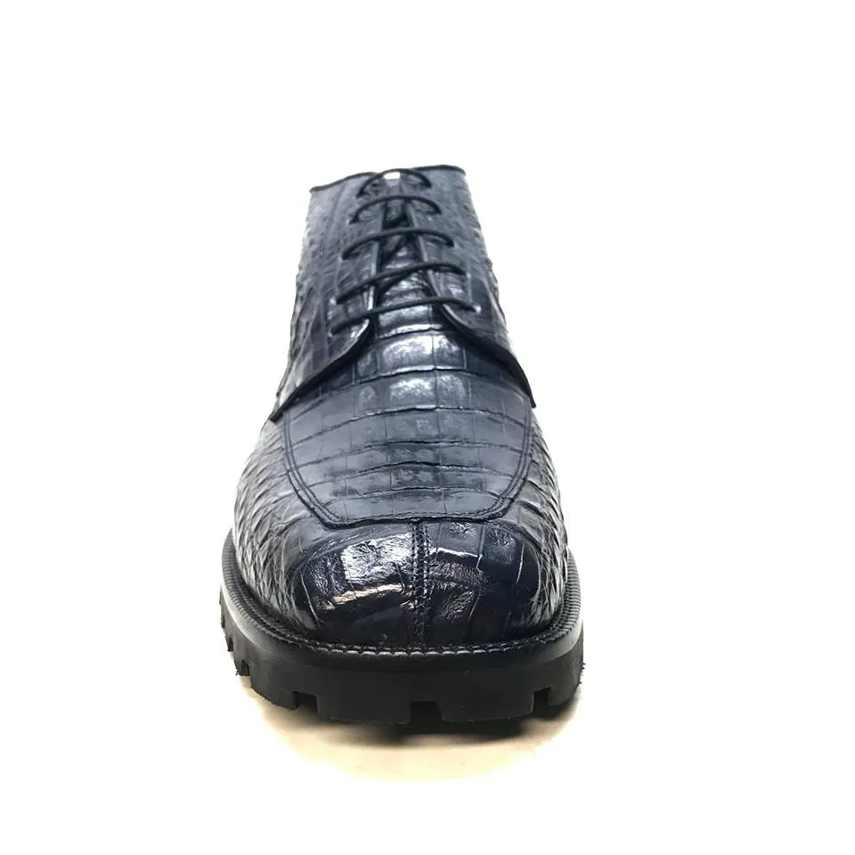 Los Altos Navy Blue All-Over Crocodile Belly Lace Up Ankle Boots