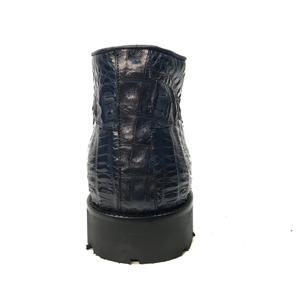 Los Altos Navy Blue All-Over Crocodile Belly Lace Up Ankle Boots
