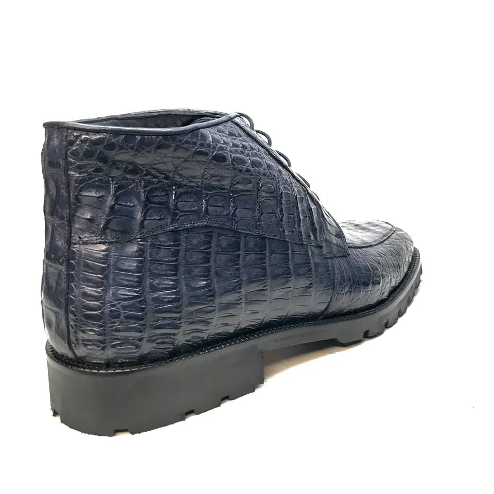 Los Altos Navy Blue All-Over Crocodile Belly Lace Up Ankle Boots