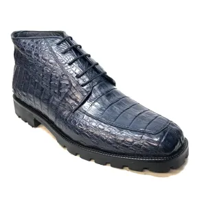 Los Altos Navy Blue All-Over Crocodile Belly Lace Up Ankle Boots