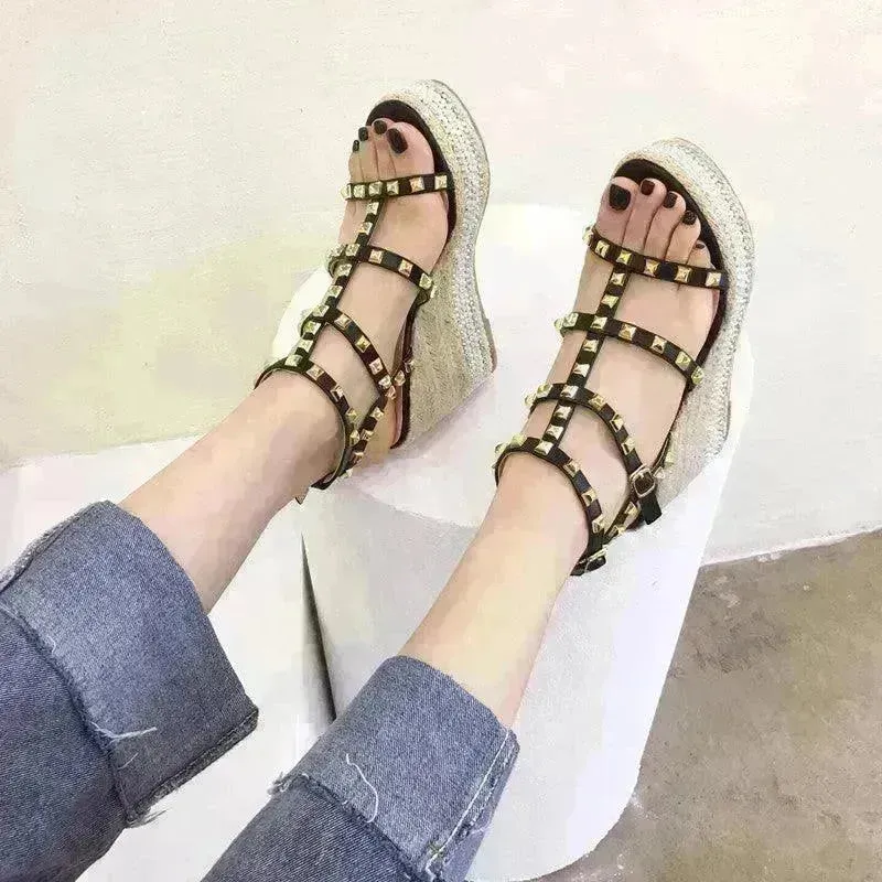 Studded Fashion Roman Style Platform Wedge Heel  Women Sandals.
