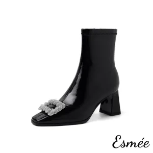 Suede Ankle Boots with Rhinestone Buckle Design