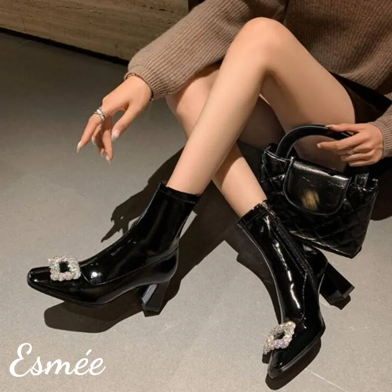 Suede Ankle Boots with Rhinestone Buckle Design