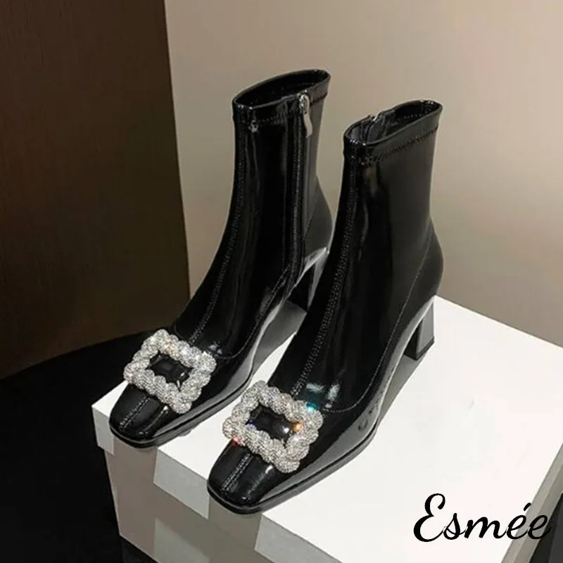 Suede Ankle Boots with Rhinestone Buckle Design