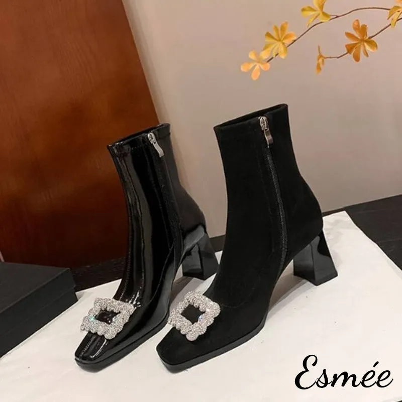 Suede Ankle Boots with Rhinestone Buckle Design