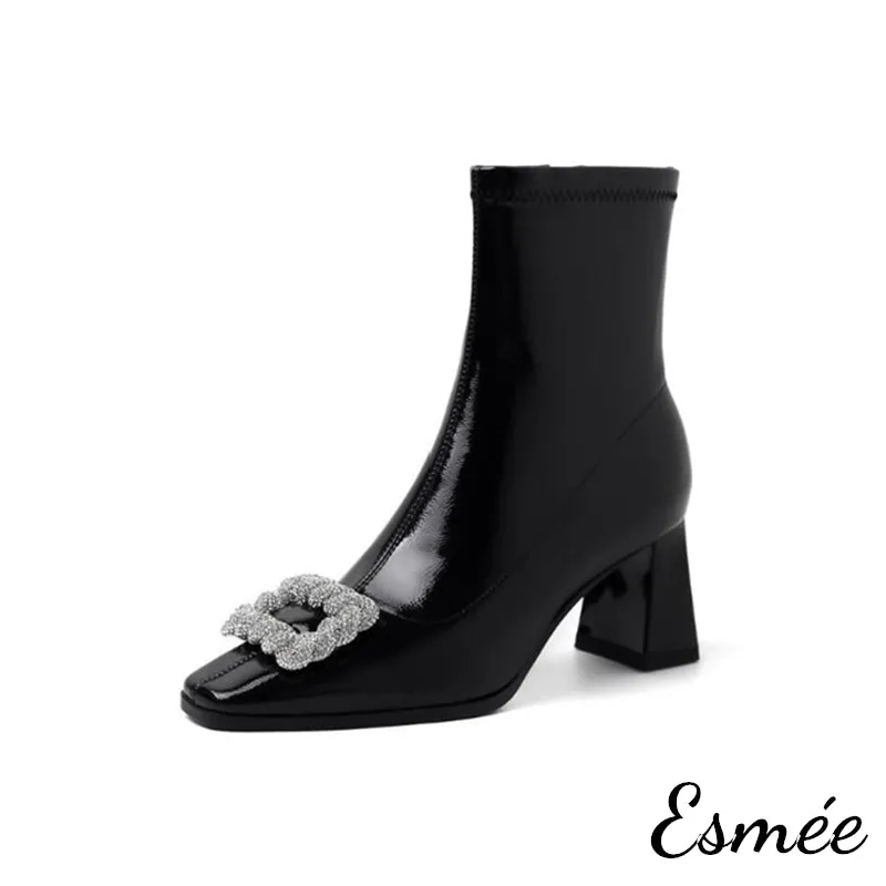 Suede Ankle Boots with Rhinestone Buckle Design