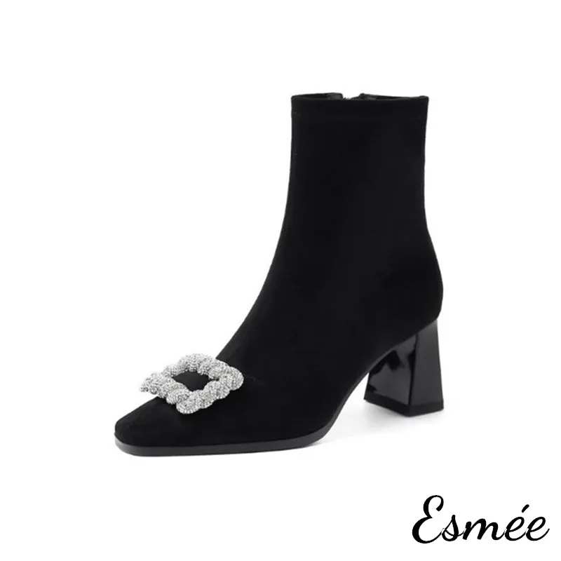 Suede Ankle Boots with Rhinestone Buckle Design