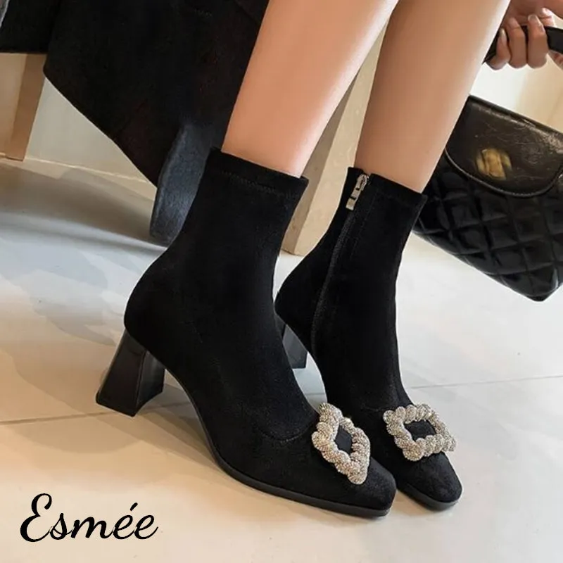 Suede Ankle Boots with Rhinestone Buckle Design