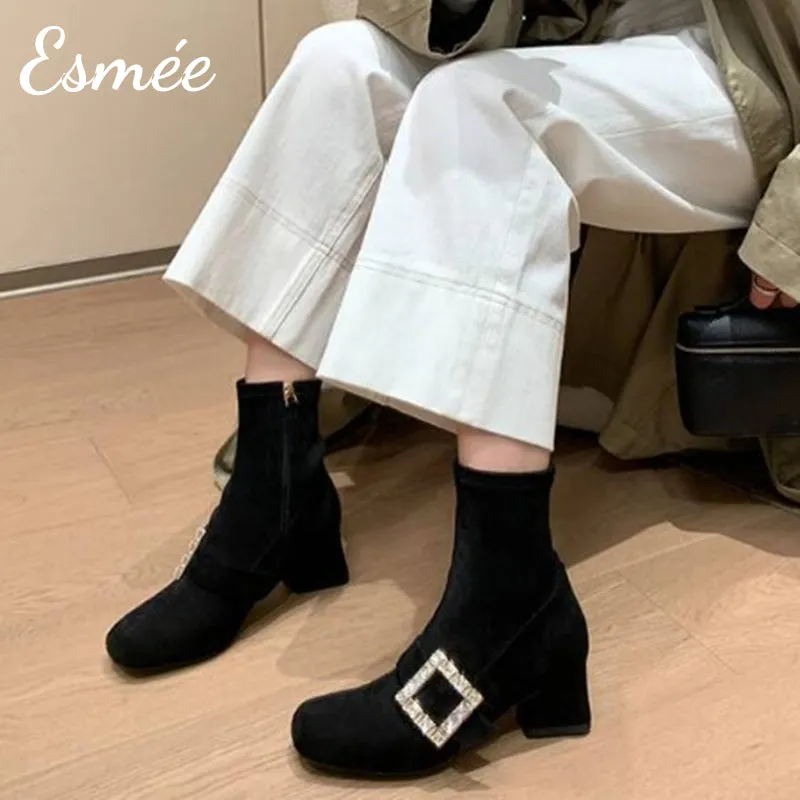 Suede High Heel Ankle Boots with Rhinestone Buckle