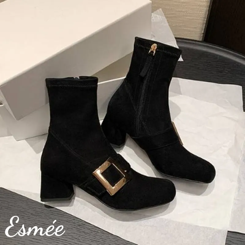 Suede High Heel Ankle Boots with Rhinestone Buckle