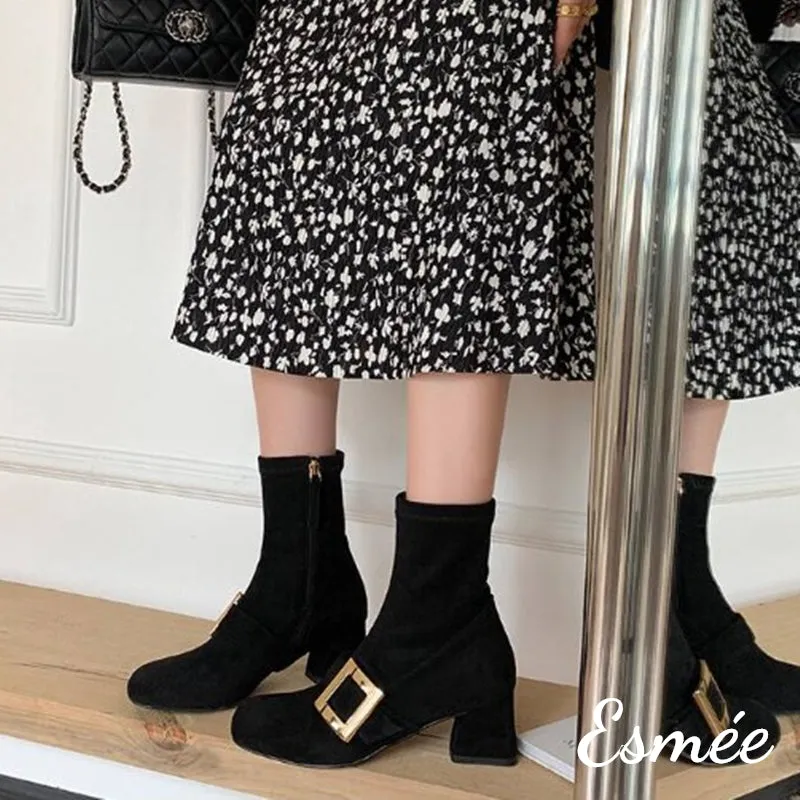 Suede High Heel Ankle Boots with Rhinestone Buckle