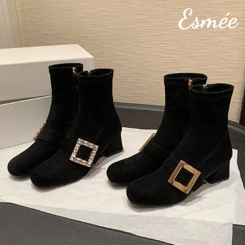 Suede High Heel Ankle Boots with Rhinestone Buckle