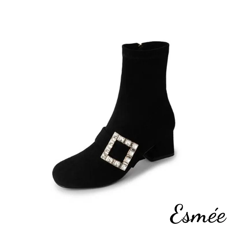 Suede High Heel Ankle Boots with Rhinestone Buckle