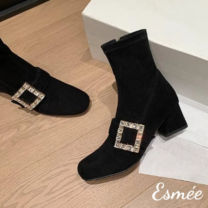 Suede High Heel Ankle Boots with Rhinestone Buckle