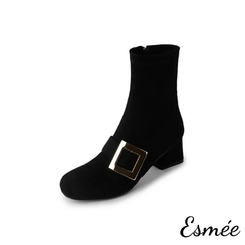 Suede High Heel Ankle Boots with Rhinestone Buckle