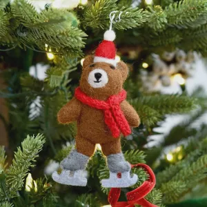 Tara Treasures Felt Brown Bear with Ice Skates Ornament