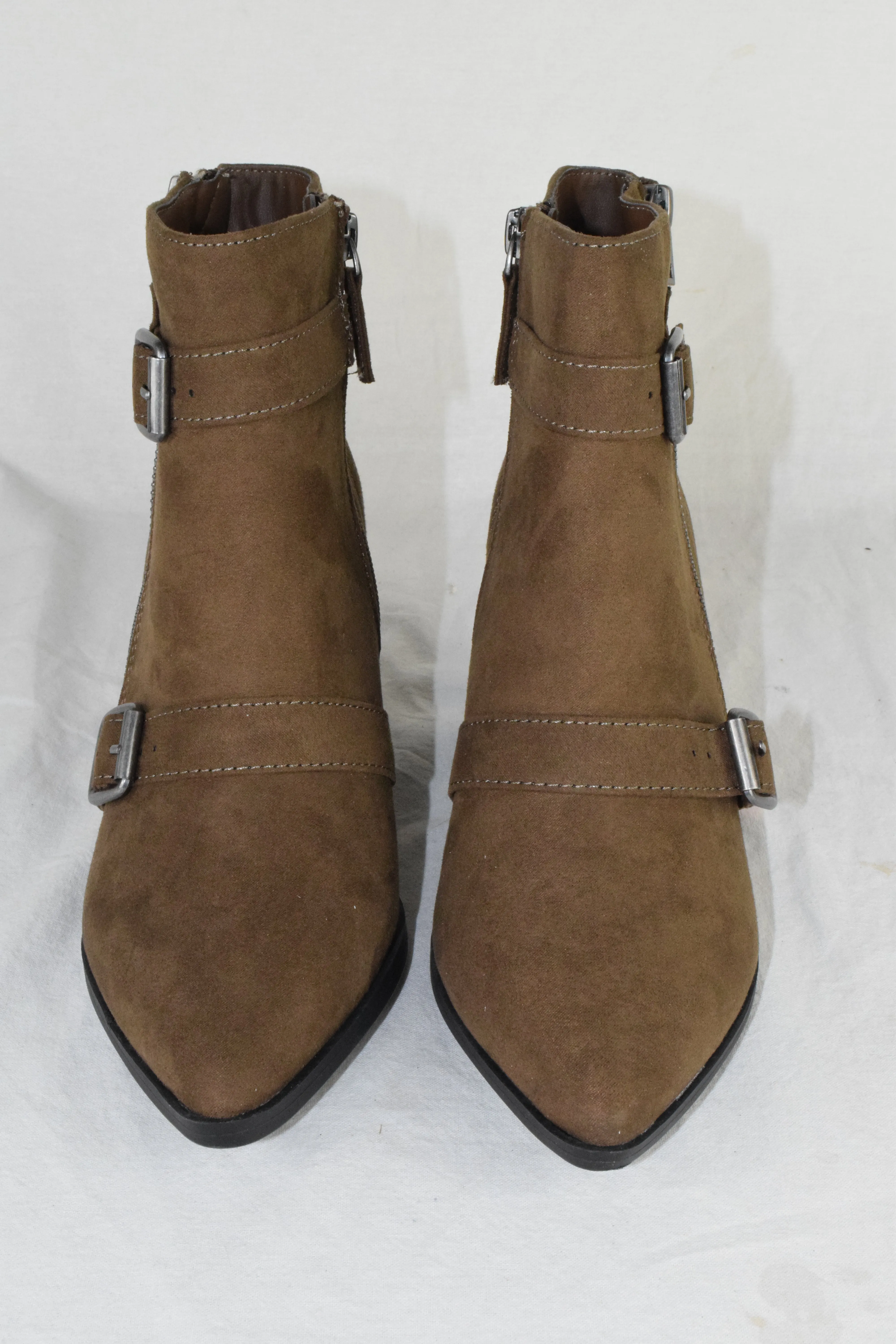 Women Block High Heels Ankle Boots Zipper Buckled Booties Brown Taupe Suede 7