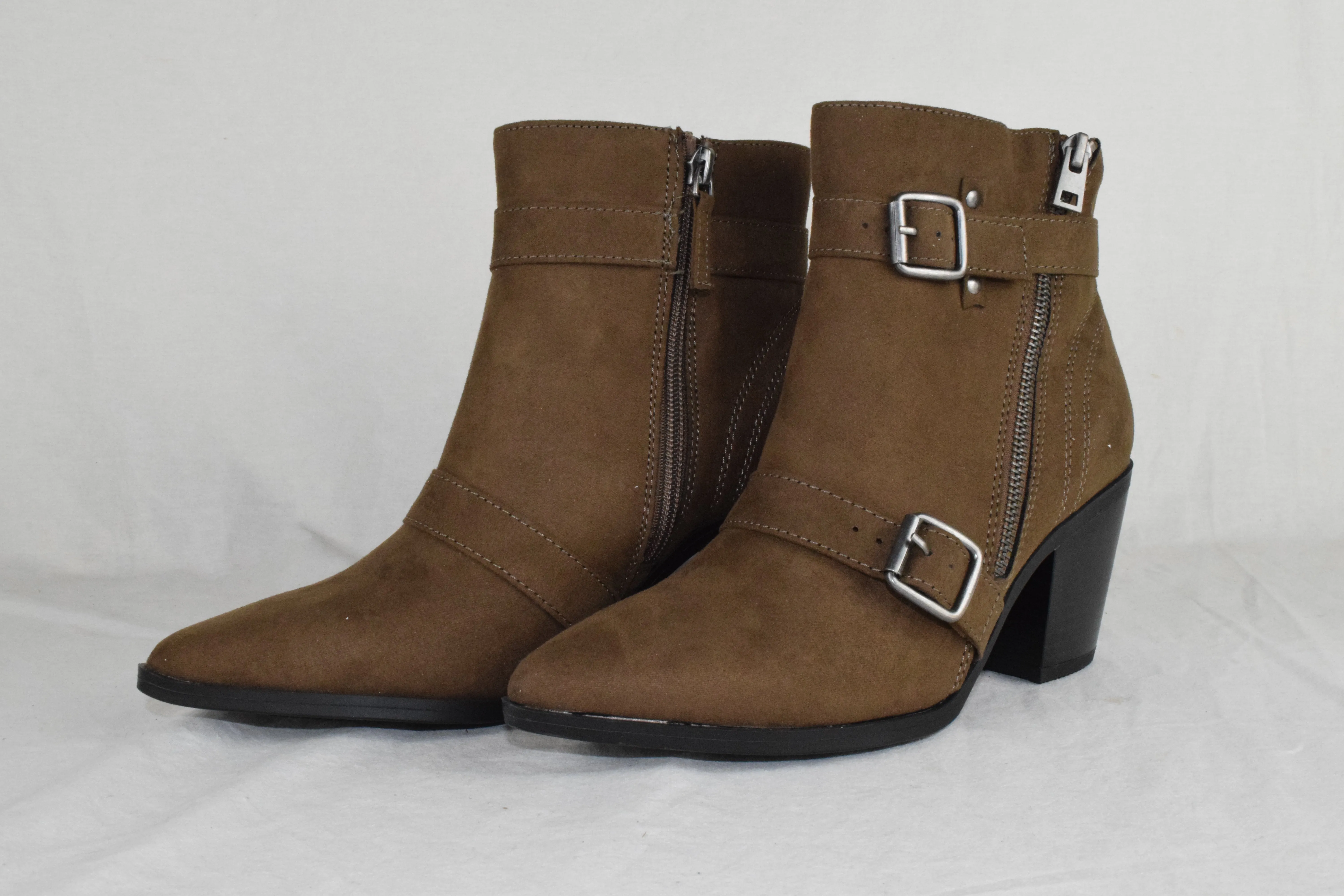 Women Block High Heels Ankle Boots Zipper Buckled Booties Brown Taupe Suede 7