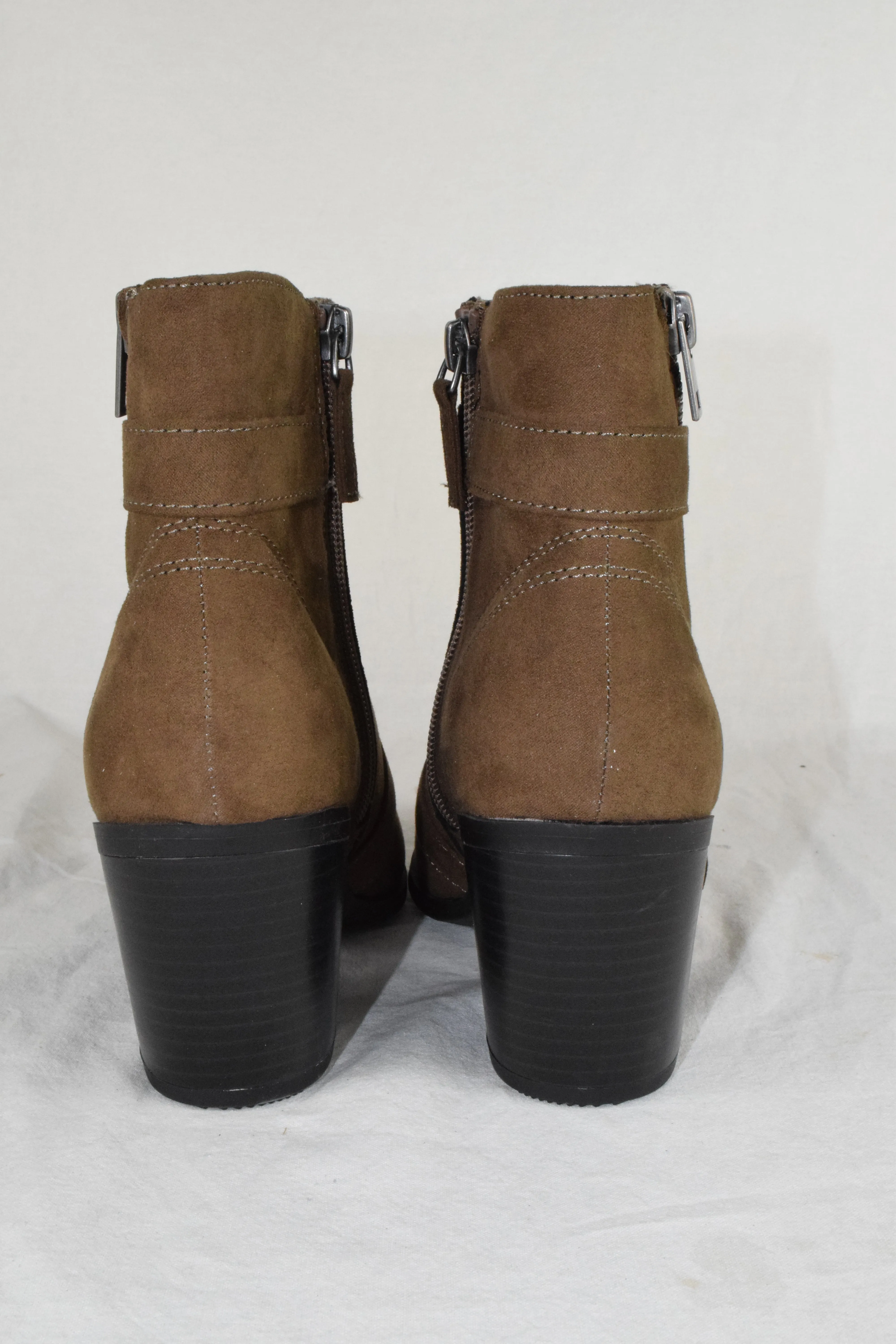 Women Block High Heels Ankle Boots Zipper Buckled Booties Brown Taupe Suede 7