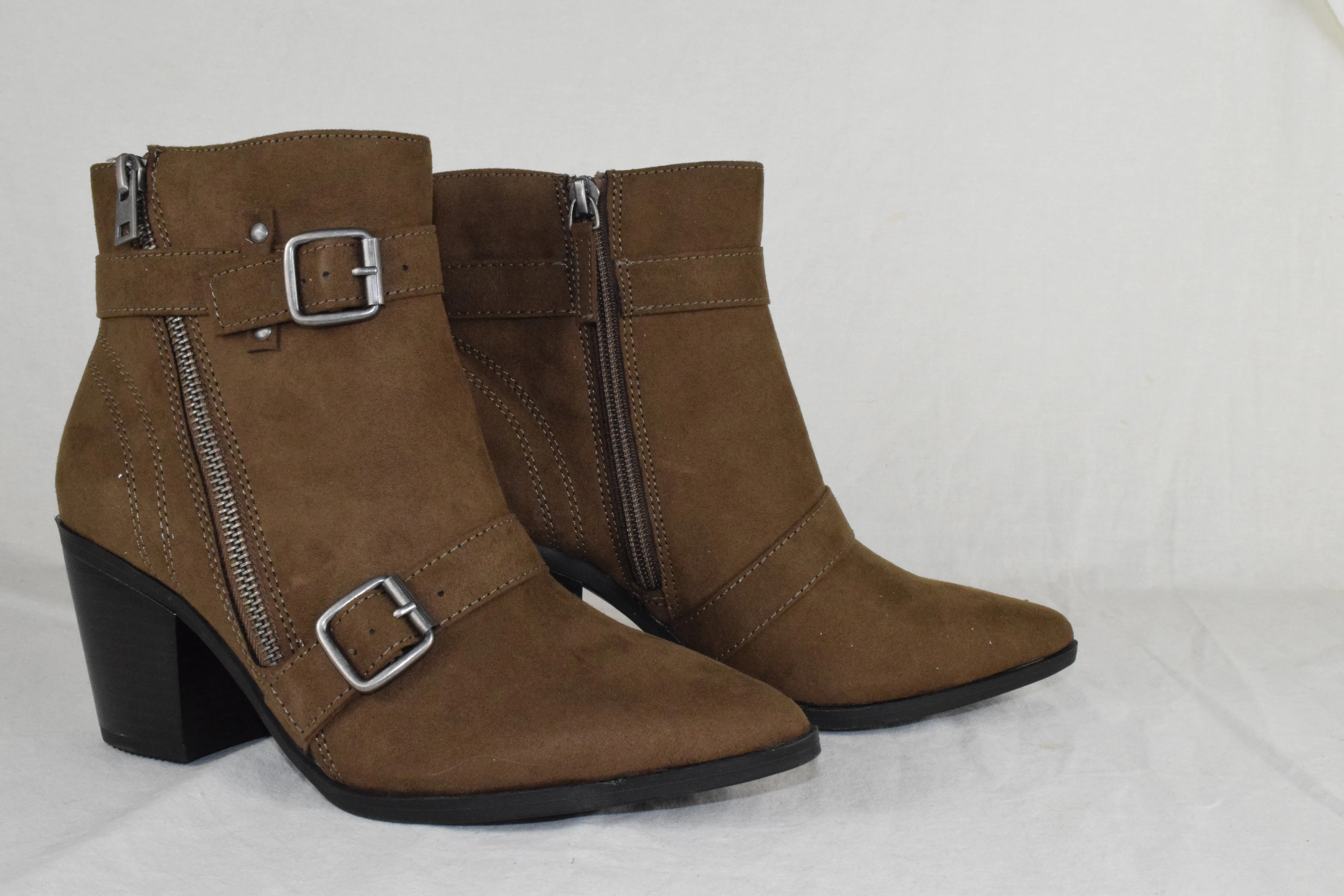 Women Block High Heels Ankle Boots Zipper Buckled Booties Brown Taupe Suede 7