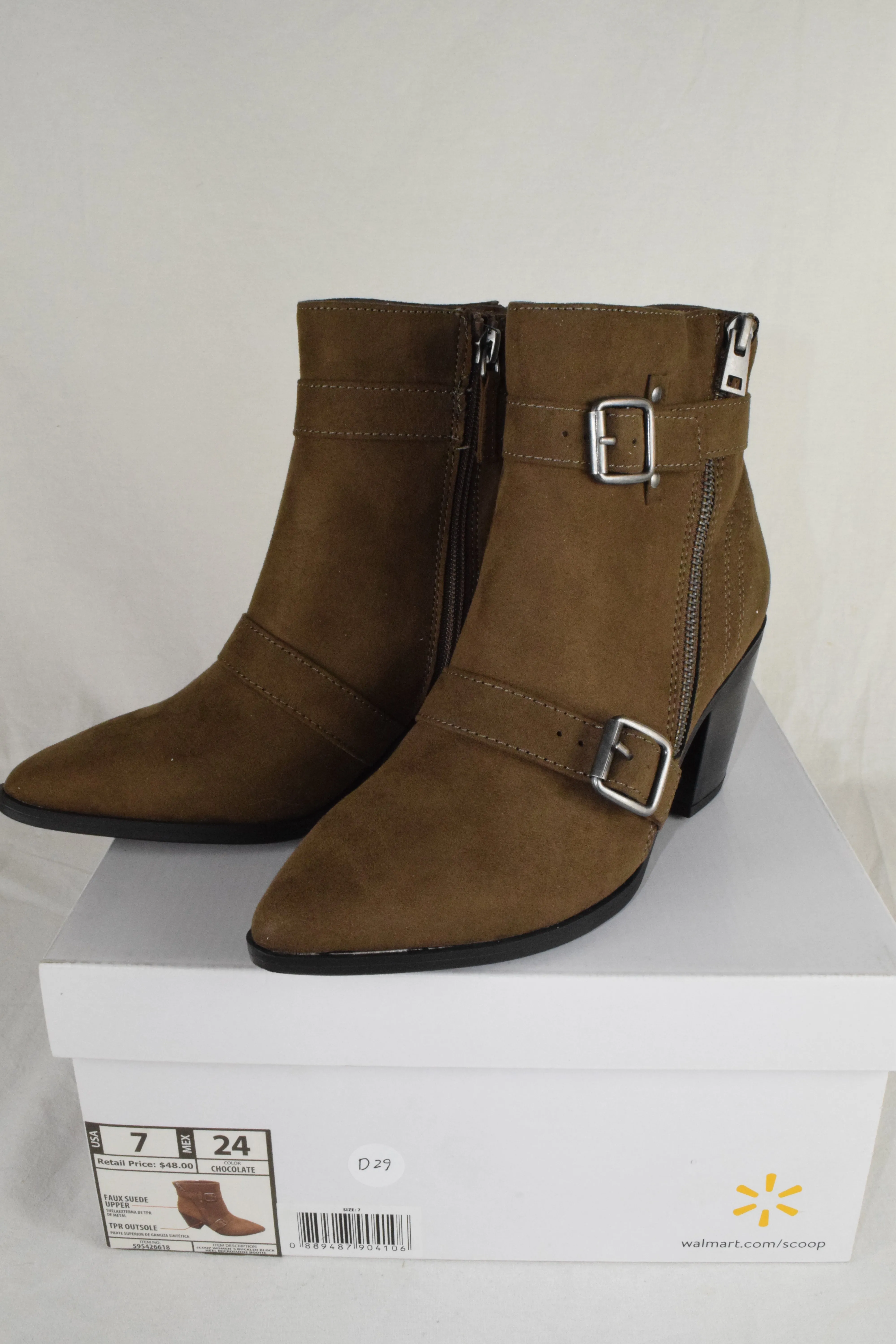Women Block High Heels Ankle Boots Zipper Buckled Booties Brown Taupe Suede 7
