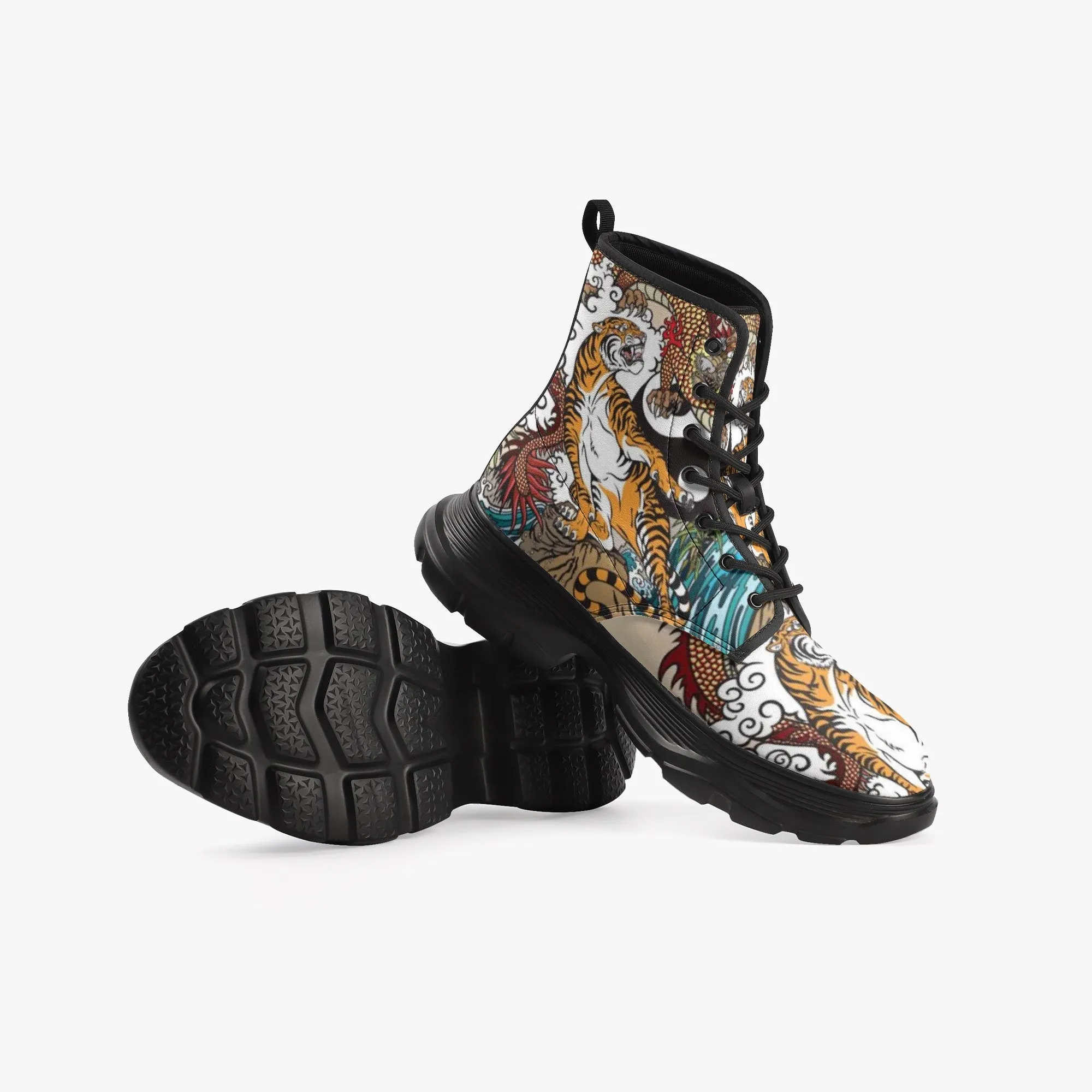 Yin Yang Tiger Casual Leather Chunky Boots