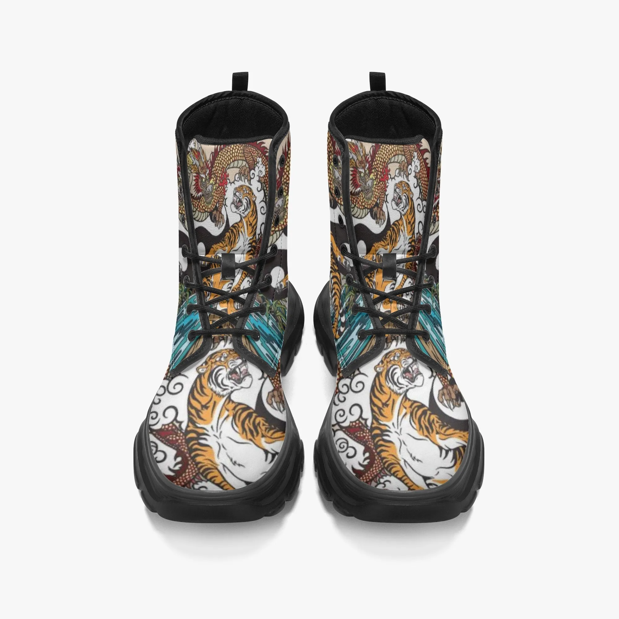 Yin Yang Tiger Casual Leather Chunky Boots