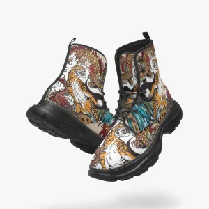 Yin Yang Tiger Casual Leather Chunky Boots
